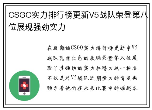 CSGO实力排行榜更新V5战队荣登第八位展现强劲实力