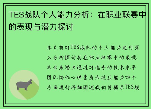 TES战队个人能力分析：在职业联赛中的表现与潜力探讨