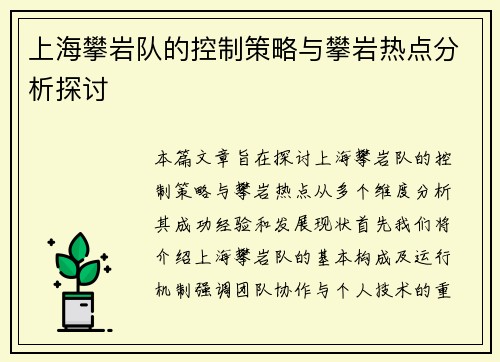 上海攀岩队的控制策略与攀岩热点分析探讨